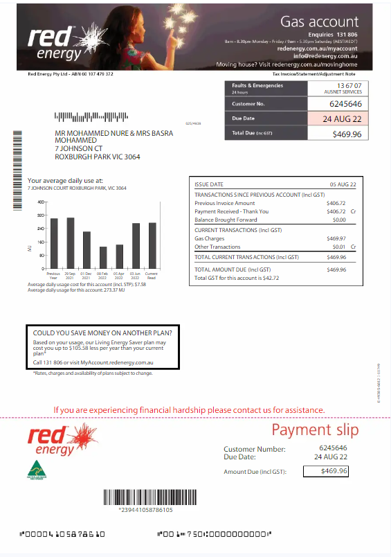 AUSTRALIA RED ENERGY utility bill Word and PDF template